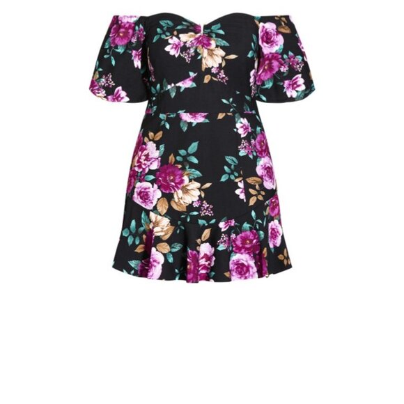 New City Chic Olivia off the shoulder ruffled hemline Mini Dress black Floral 14 - Picture 4 of 15